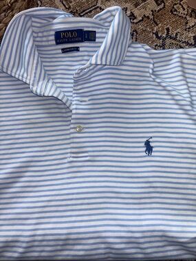 Polo Ralph Lauren Custom Slim Fit Polo Shirt Blue White Stripe Size L